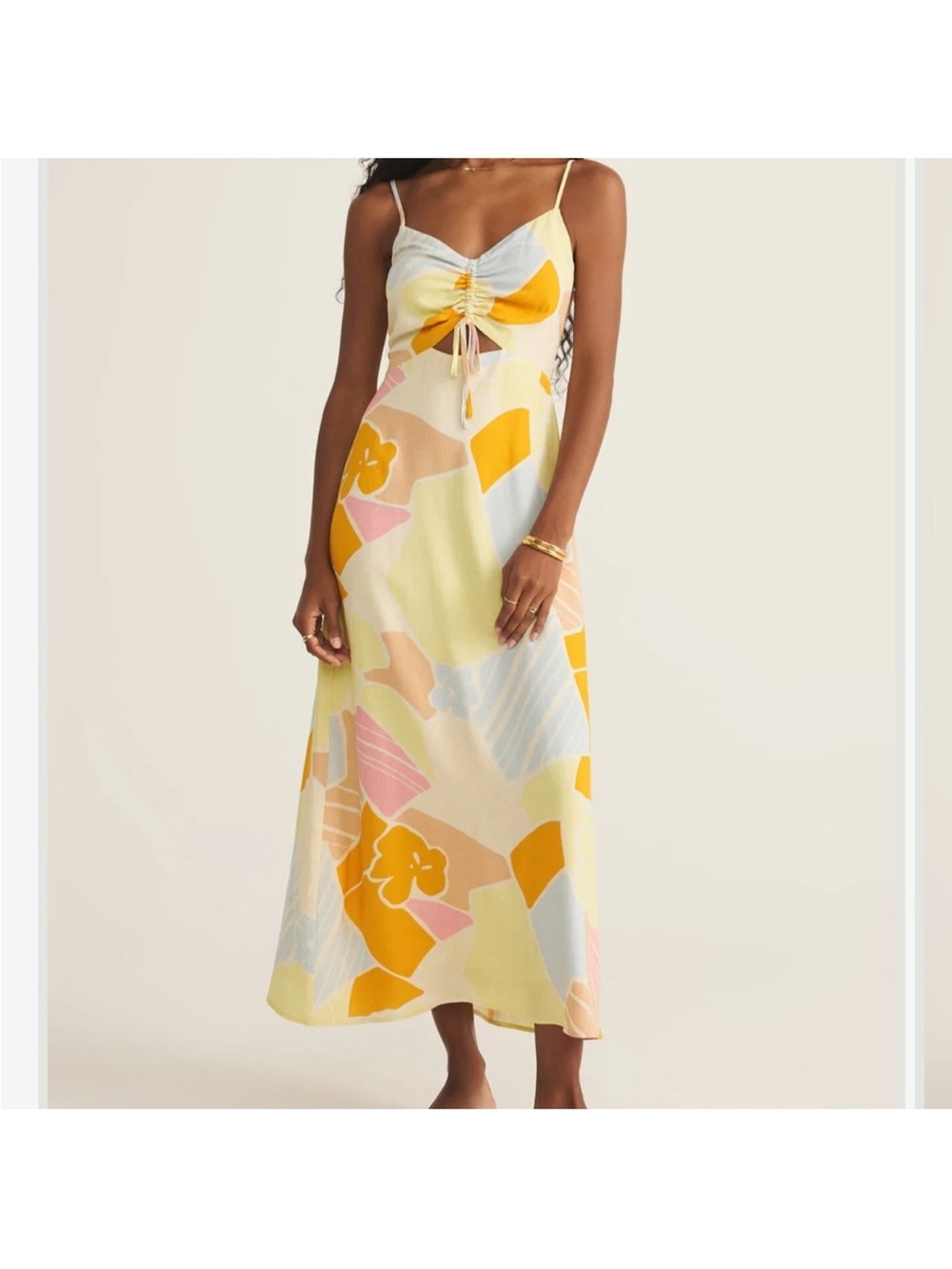Z Supply Yellow Abstract Print Spaghetti-Strap Midi Dress